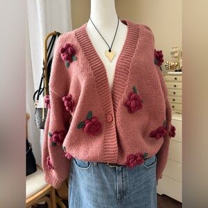 Dreamers Rose Embellished Cardigan in Pink